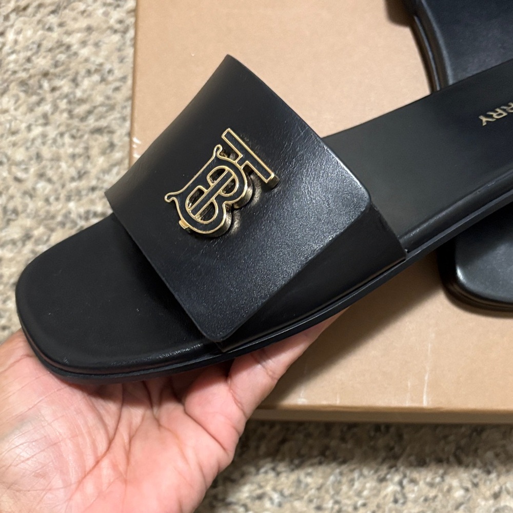 Burberry Black Slides with Gold Logo - Picture 2 of 16